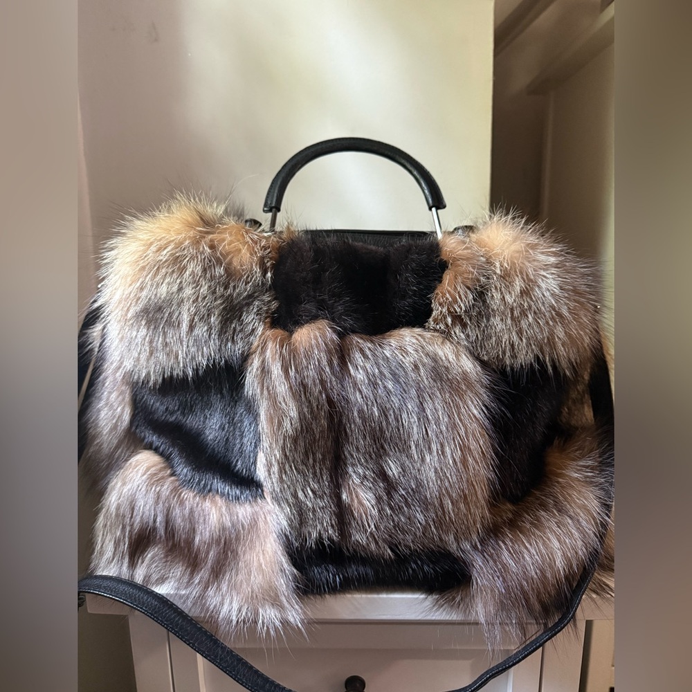 Real mink and crystal fox fur luxury satchel New